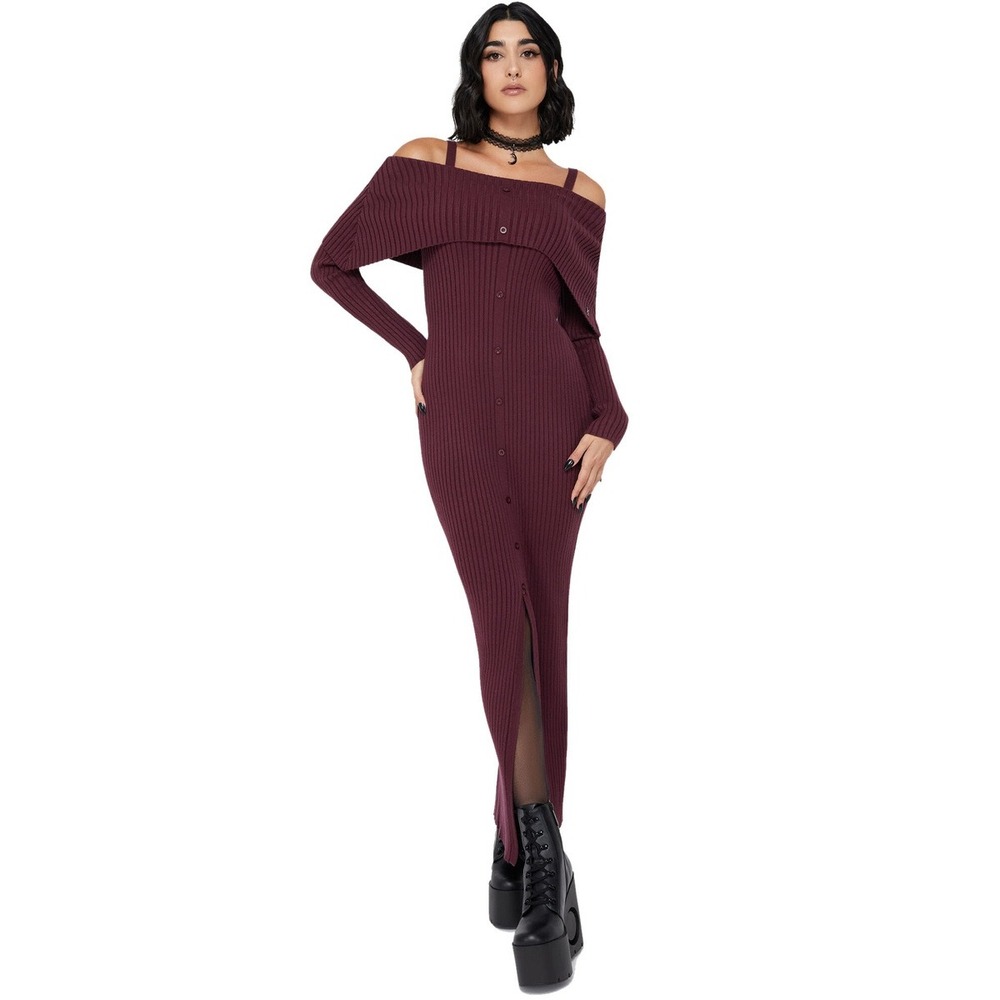 Killstar Dusk Empress Purple Ribbed Maxi Dress XXL NWT Off Shoulder Gothic